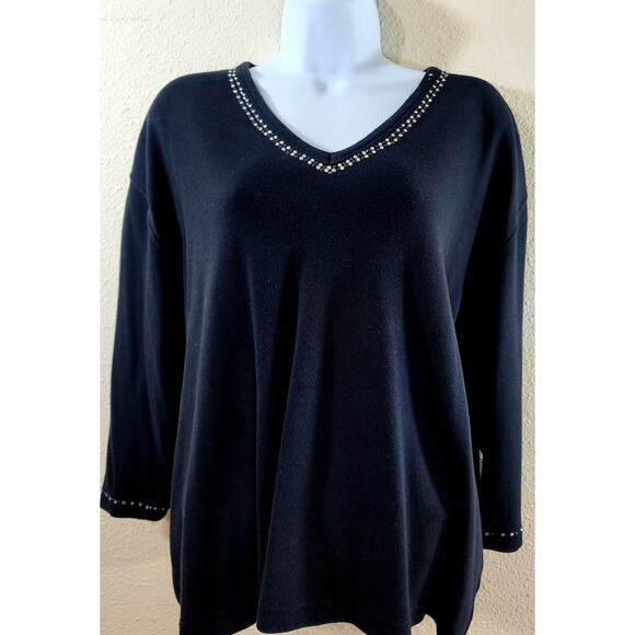 Lanie New York Black Rhinestone V Neck Top 2X Plus Lightweight Soft Stretch - Picture 1 of 8